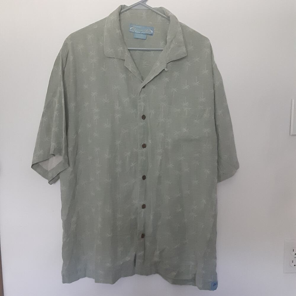 Bermuda Bay Silk Hawaiian Shirt Men's XL Green Floral Palm Trees Aloha